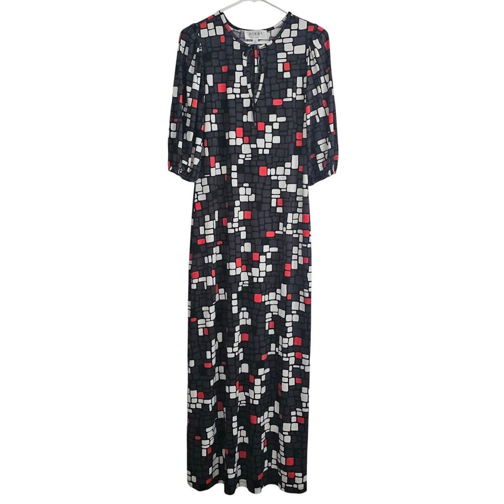 Nikki Poulos Maxi Dress Small Black Red Abstract Geometric Vacation‎ Casual